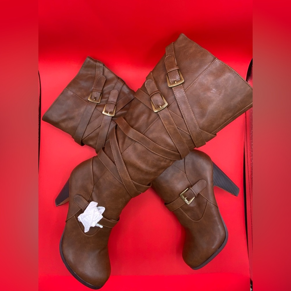 Brown Strappy Buckle Knee-High Heeled Boots – Size 11 (Never Worn) - Picture 2 of 4